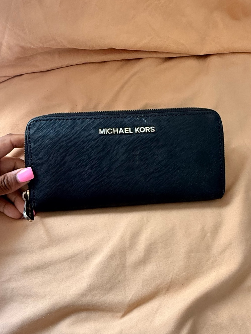 Michael Kors Black Zip Wallet with Silver Logo